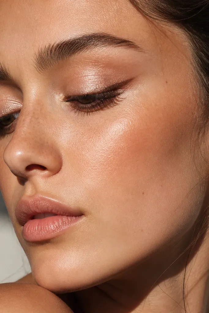 Nude glam eye with brown wing liner and champagne shimmer center