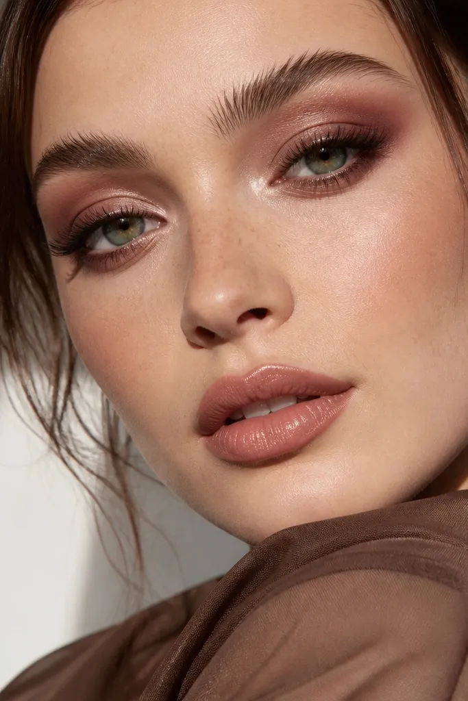 Smoky rose-brown eye with mauve crease and pearl glow at inner corner