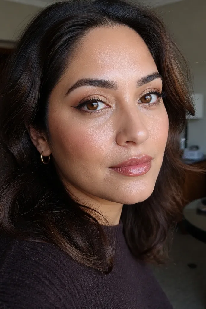 Caramel lid with bronze wing liner and satin highlight at inner corner