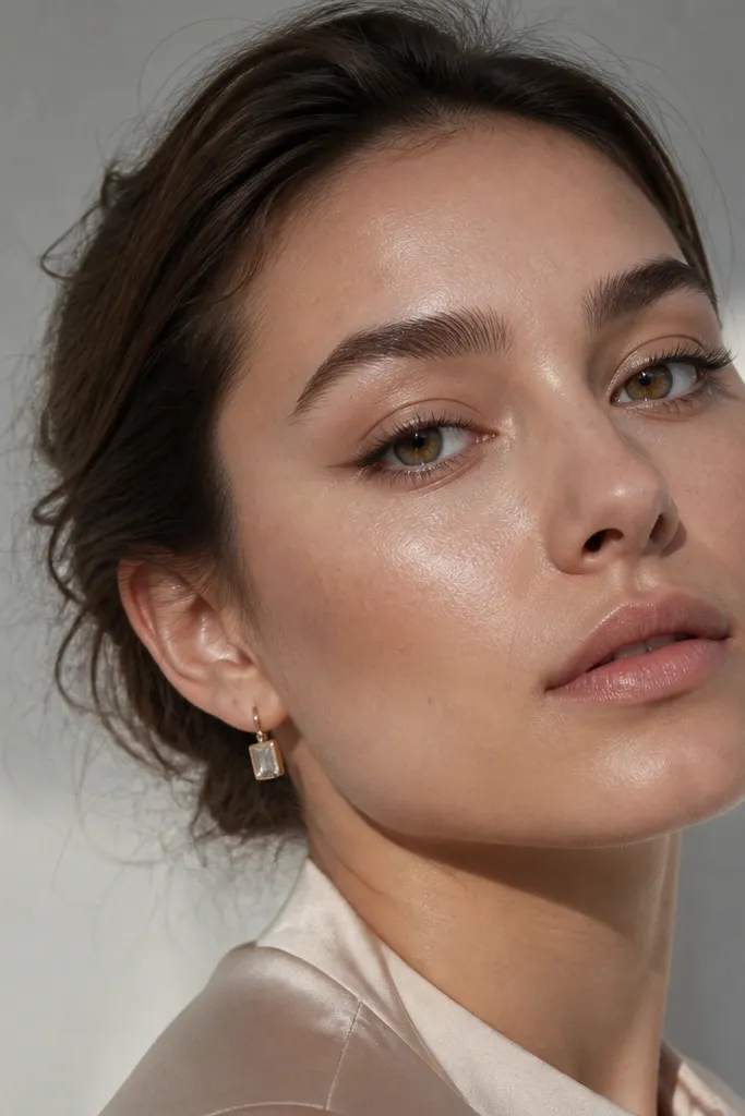 Satin beige lid with espresso micro shadow wing and lifted lash look