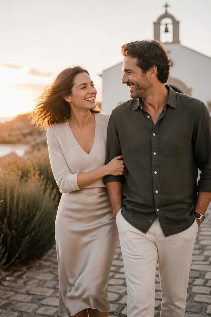 Couple walking side-by-side at sunset, one person turning toward the other