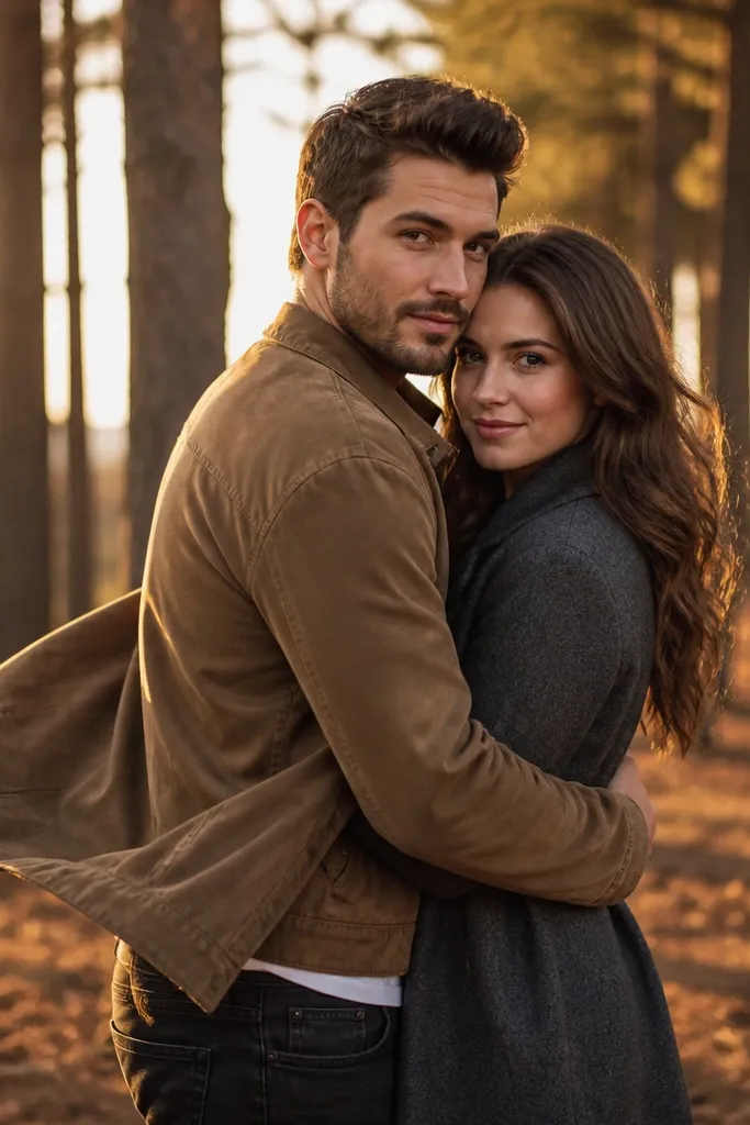 Couple in side profile at a forest edge, one partner sweeping a jacket sleeve
