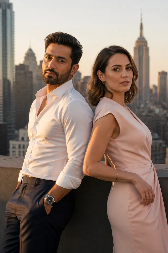 Couple leaning against a rooftop wall, one face turned, the other looking over shoulder