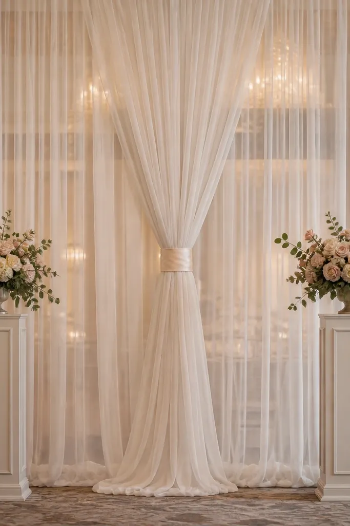 Cream sheer curtains draped behind a stage with a tied center fold