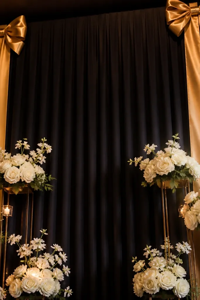 Charcoal backdrop fabric with gold ribbon bows at the top corners