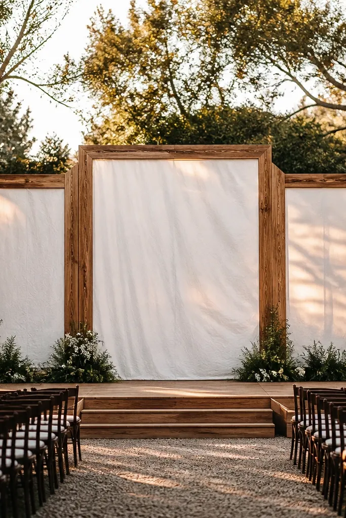 Wood-framed backdrop with white linen panels stretched behind the stage