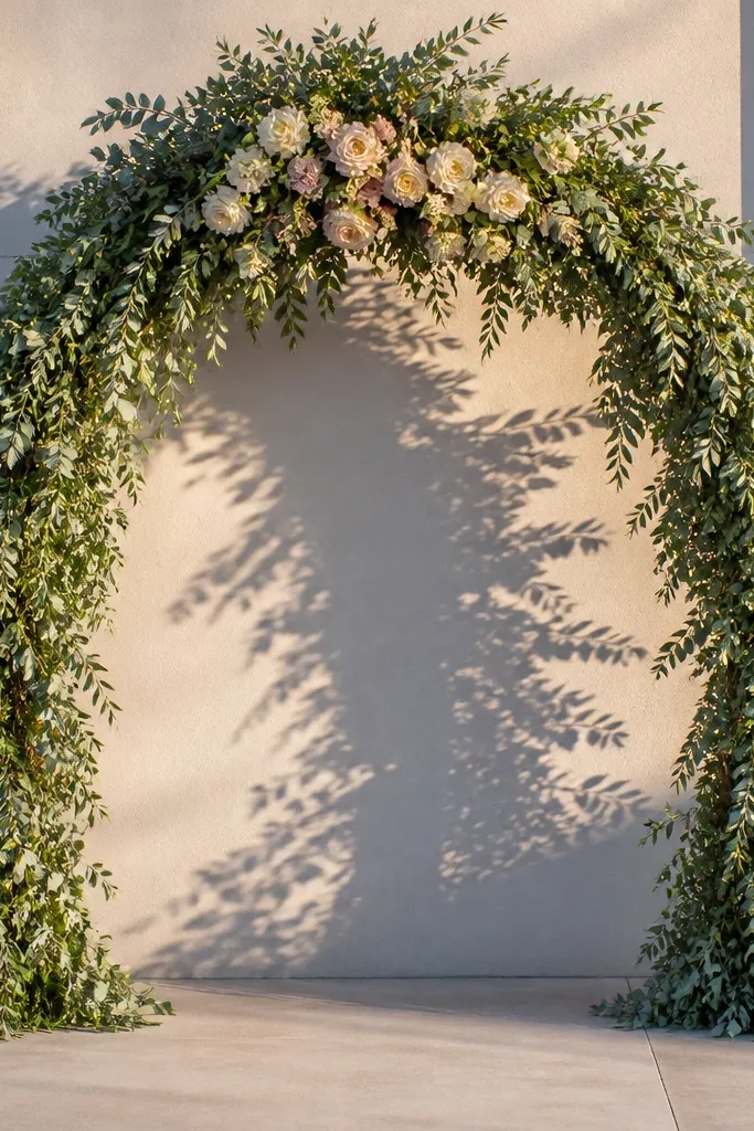 Sage green arch made from faux garland strips and greenery