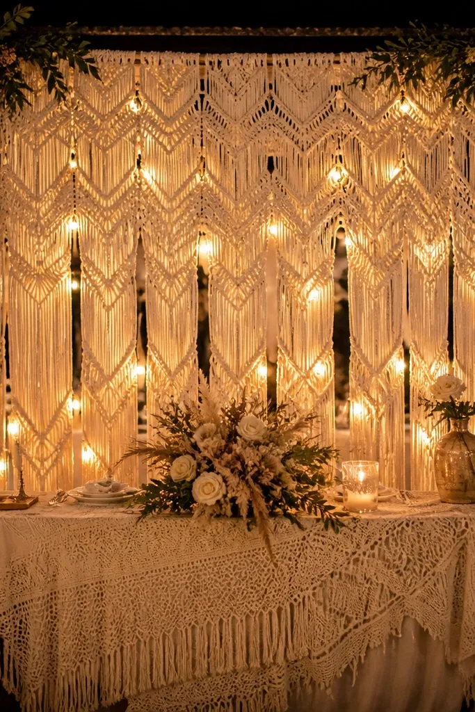 Macramé curtain backdrop with warm white string lights along the top edge