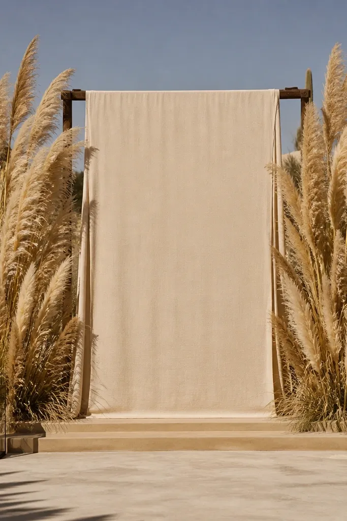 Tall pampas grass clusters on both sides with a minimal cream banner in the center