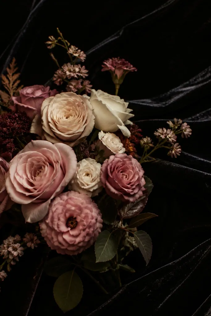 Black velvet backdrop with blush rose clusters centered on the stage