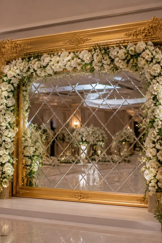 Gold-framed mirror backdrop with white floral garland draped across it