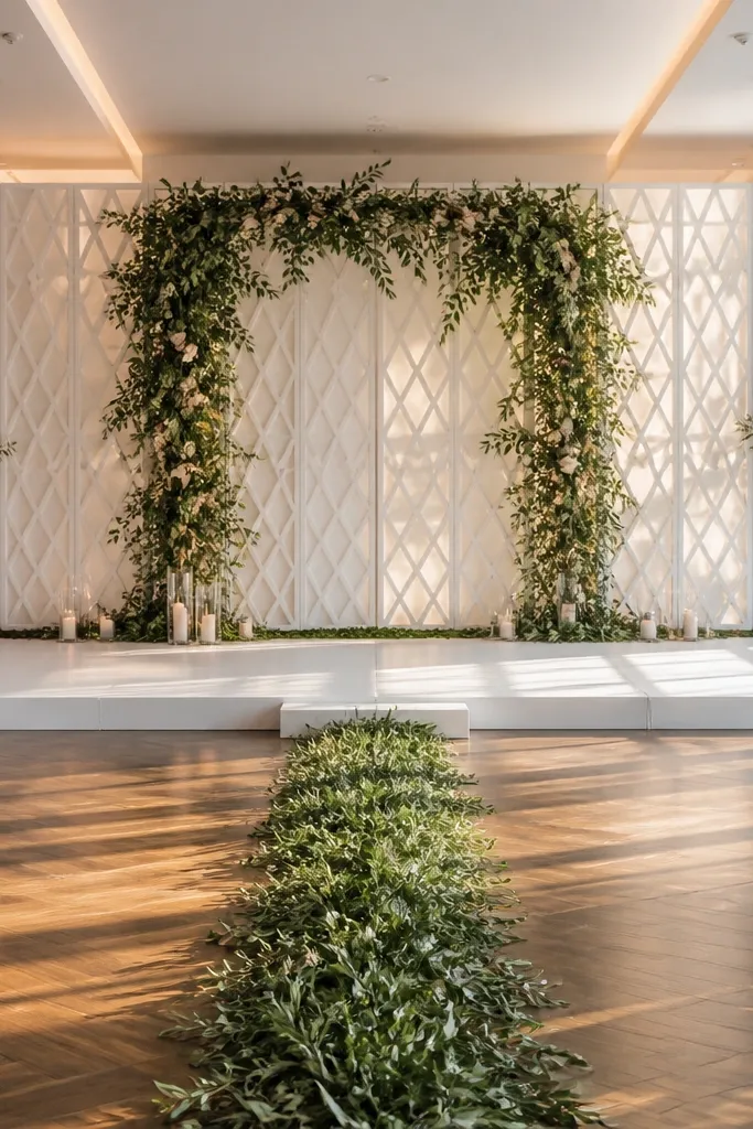 White geometric lattice panels with a green greenery runner across the center