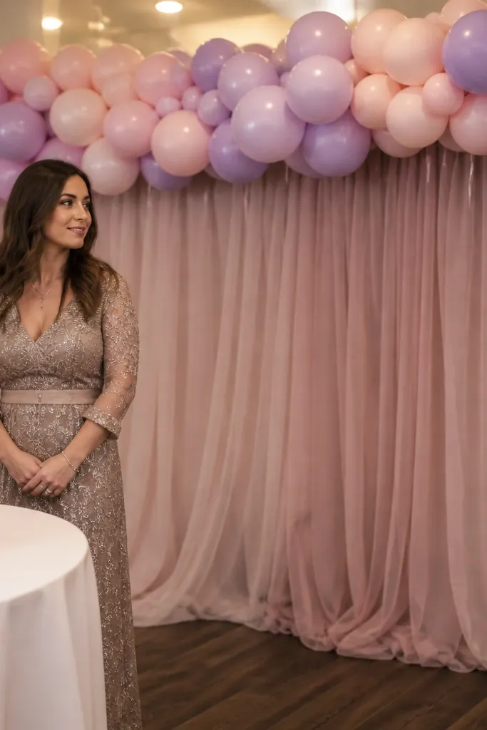 Pastel balloon garland strip over a soft pastel fabric backdrop