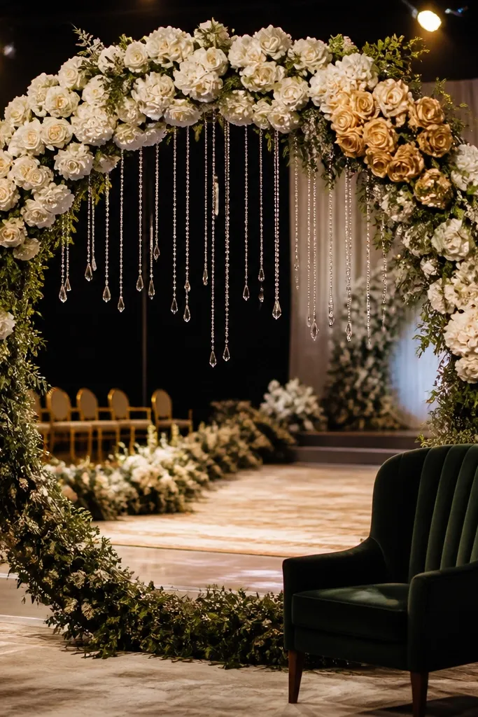 Faux floral ring arch with hanging crystal strands behind the stage