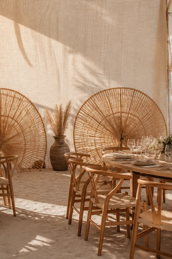 Sand linen backdrop with woven rattan fan shapes arranged behind the stage