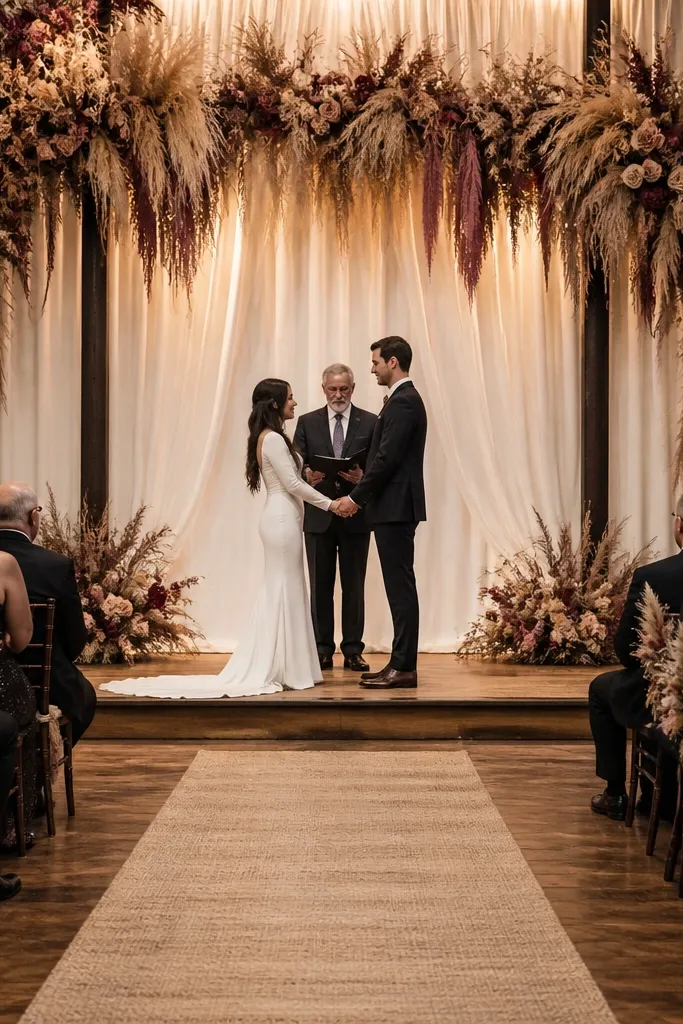 Ivory curtain backdrop with hanging dried flower sprays over the stage