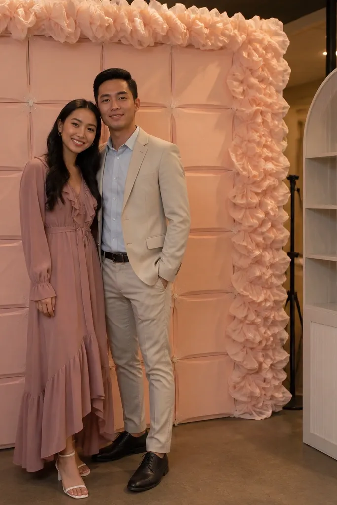Blush pink step-repeat panel wall with fabric ruffles along the edges