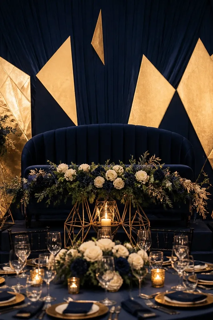 Deep navy fabric backdrop with gold geometric wall inserts