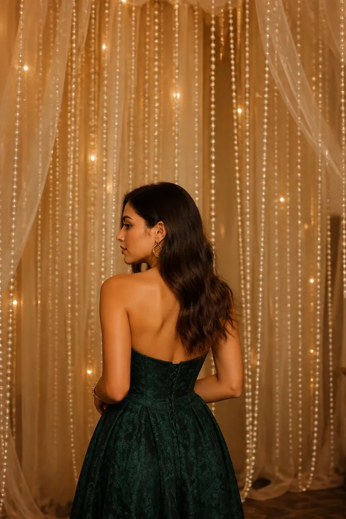 Champagne tulle cascade with hanging pearl strings behind the stage