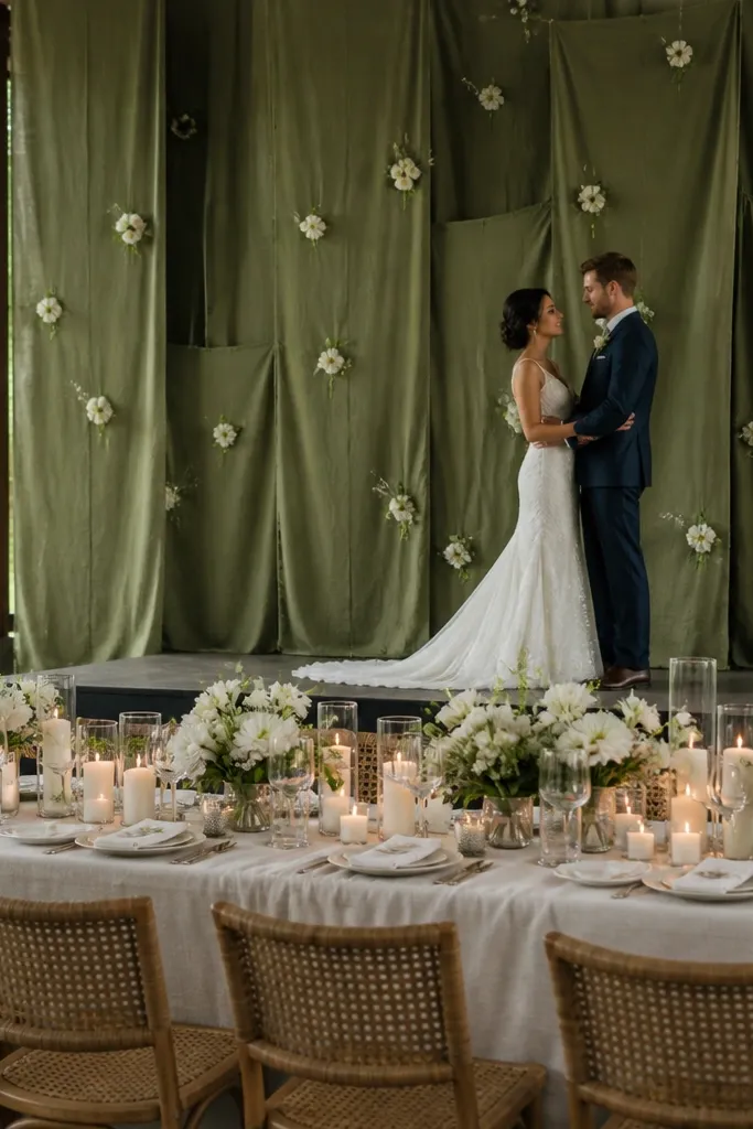 Olive green layered fabric panels with white flower clusters spaced like dots