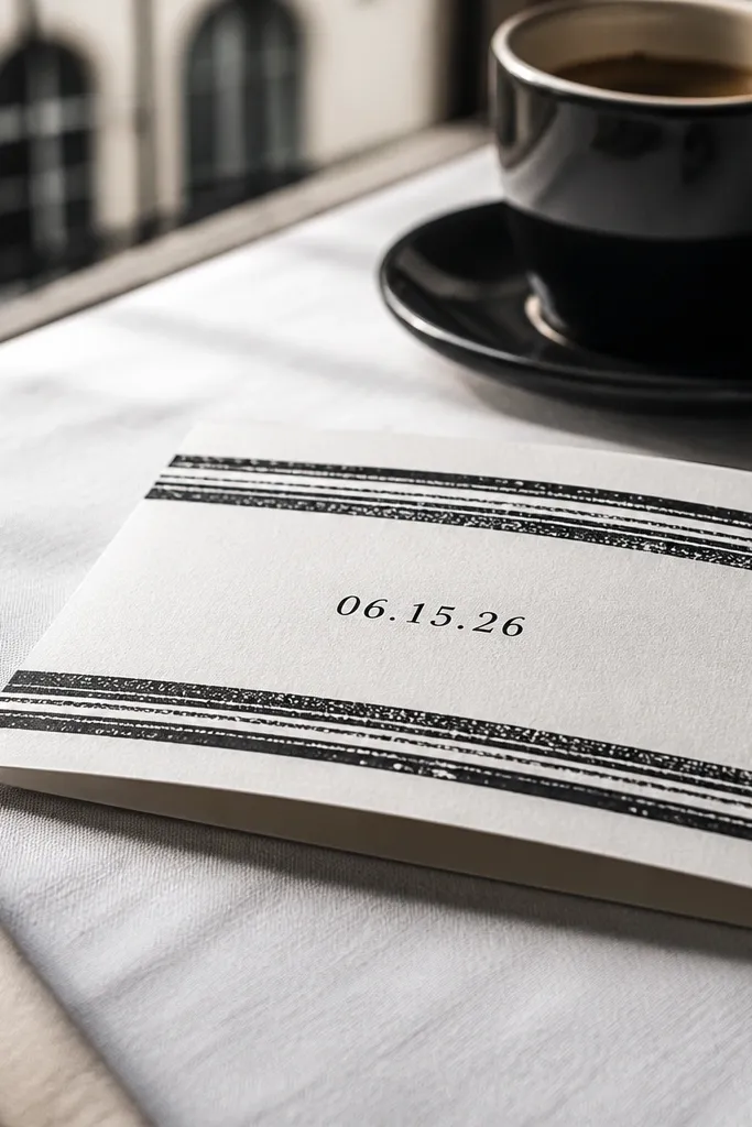 Cream card with two horizontal black stripe bands and bold date typography.
