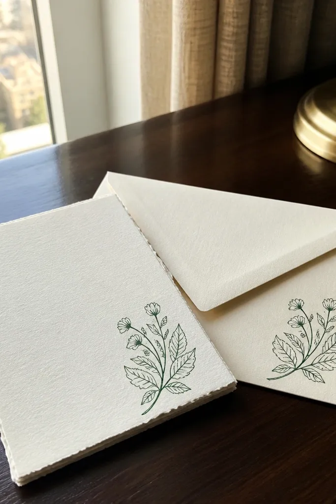 White card with delicate line art sprig in the top right corner and clean text.