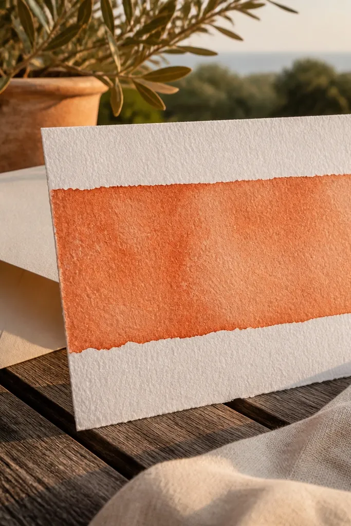 Terracotta watercolor wash behind the top text with cream paper and dark lettering.