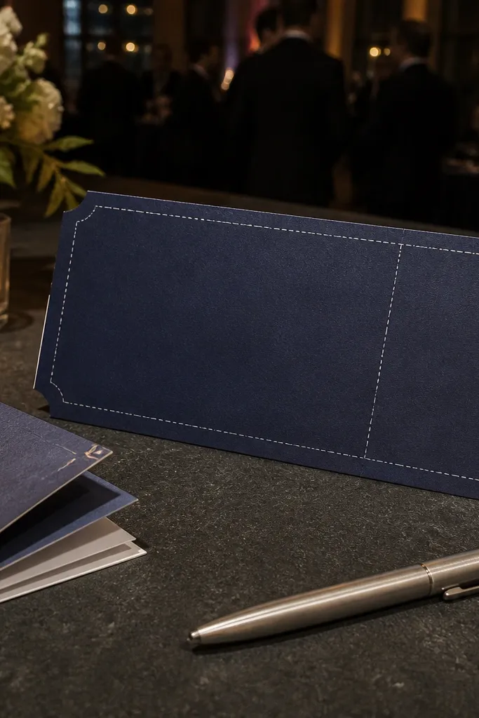 Navy card with a ticket-stub style border and white text for date and venue.