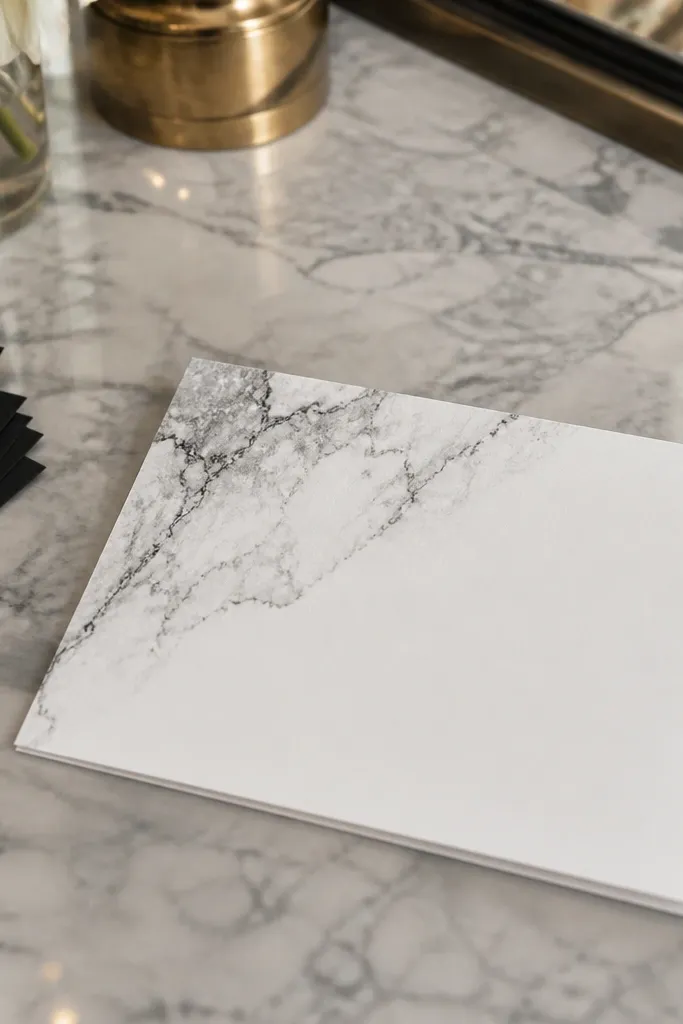 White card with gray marble accent in one corner and black typography.