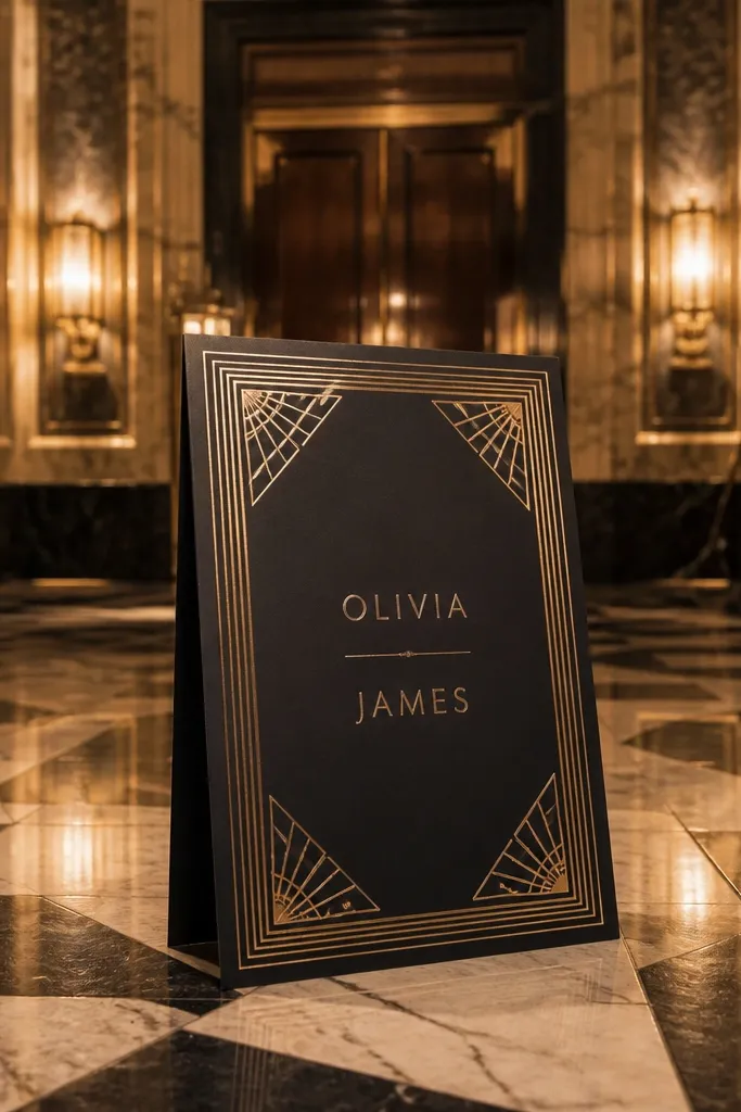 Cream card with art deco corner lines and gold art border around text.