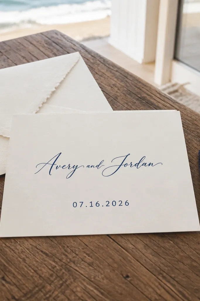Cream card with navy script couple names and sans date in a single block.