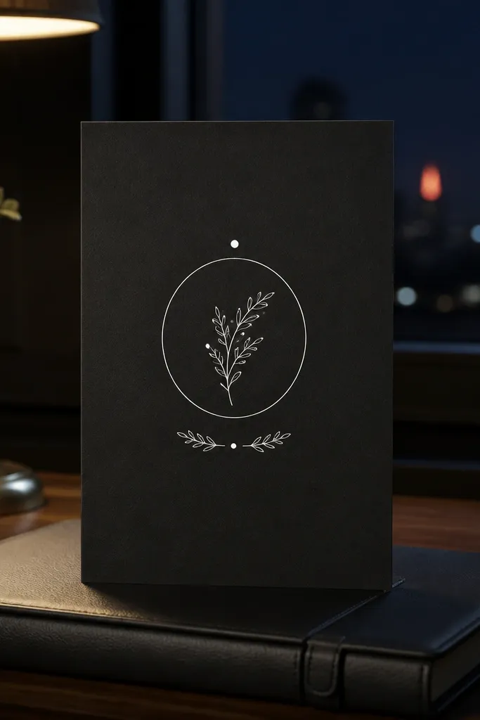 Black card with white text and a single gold dot separating name and date.