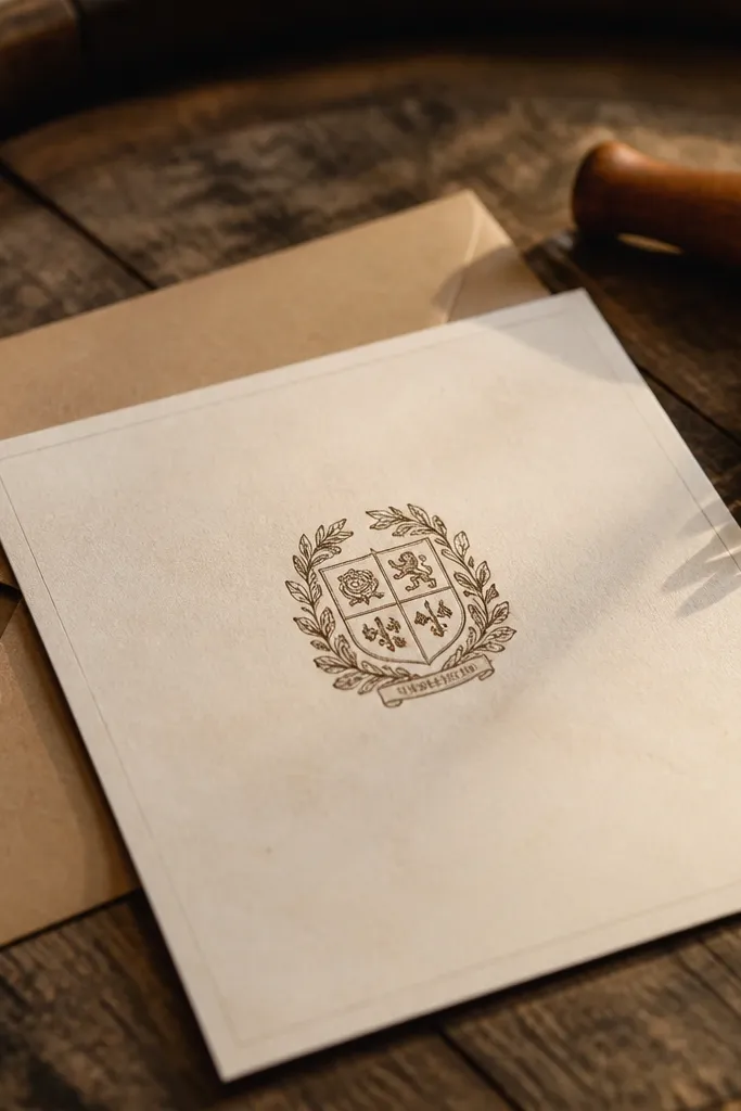 Sepia crest in the center with dark names and a bordered frame.