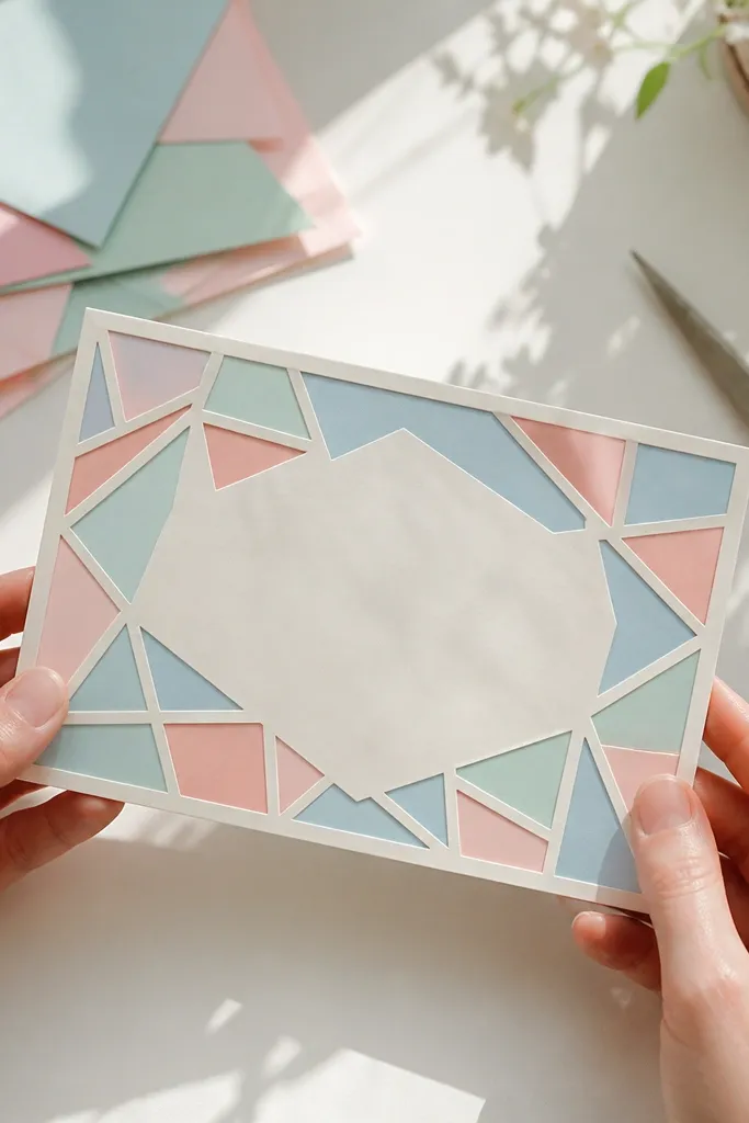 Pastel geometric cutout border around a cream invitation with centered typography.