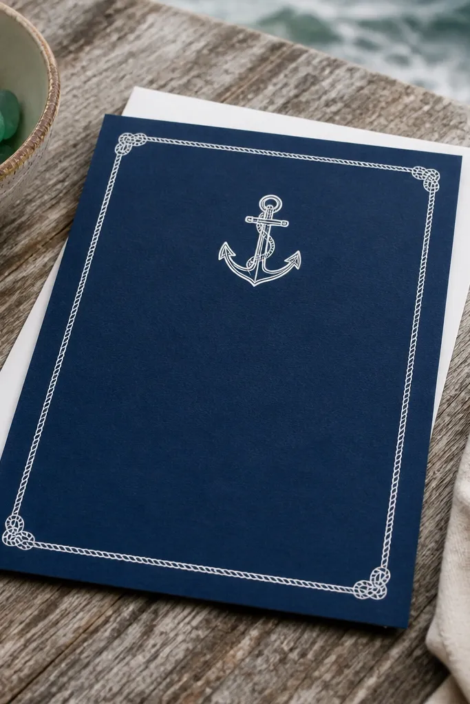Navy anchor icon with rope-line border on a white card and crisp text blocks.