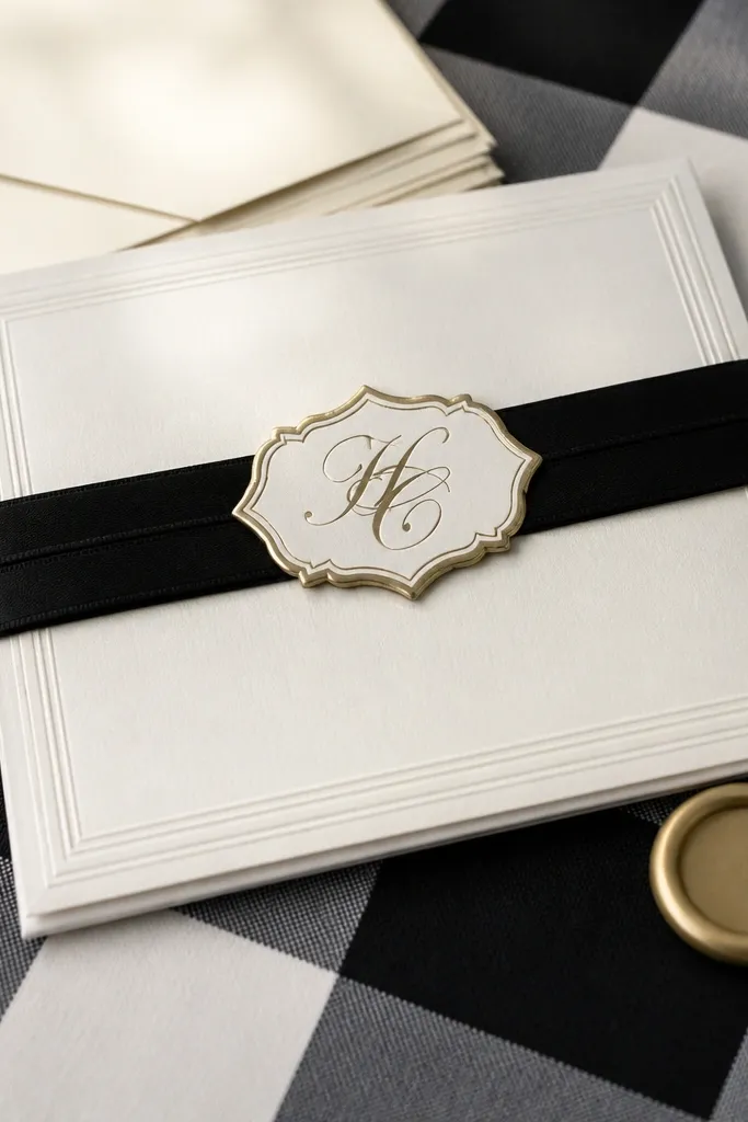 White card with a black ribbon divider and centered monogram nameplate.