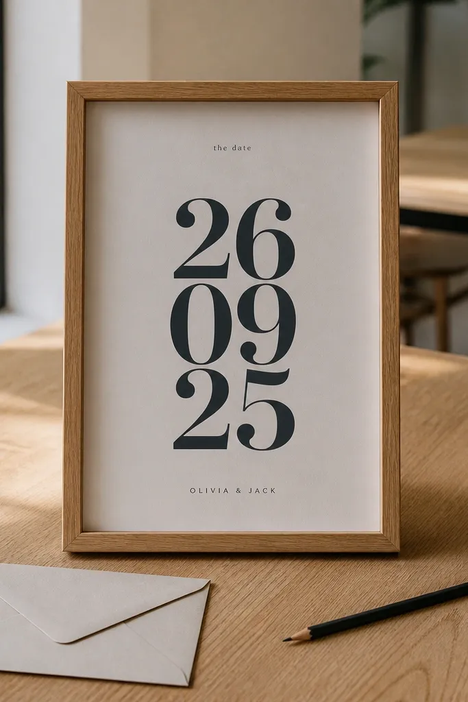 White card with thin frame and oversized date in the center, black text.