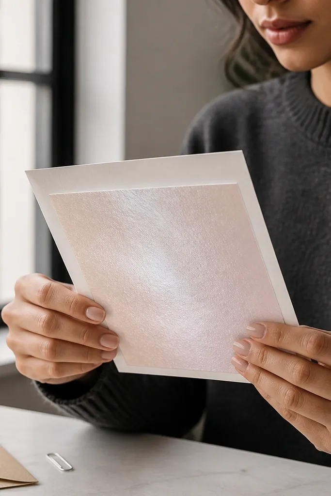 Blush iridescent panel with dark serif names and simple RSVP lines.