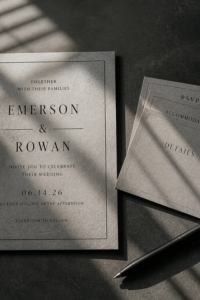 Gray textured background with black typography and a simple thin border.