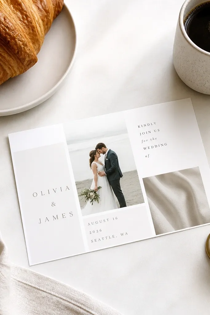 Borderless cream card with floating name and date blocks separated by spacing.