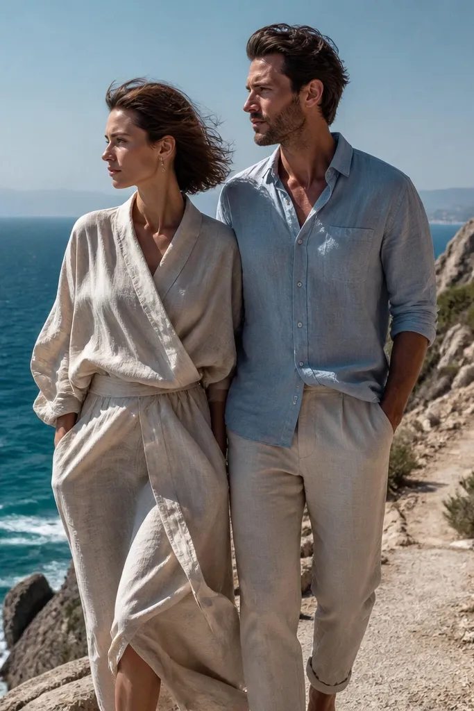Cream linen dress and white shirt against a rocky ocean cliff