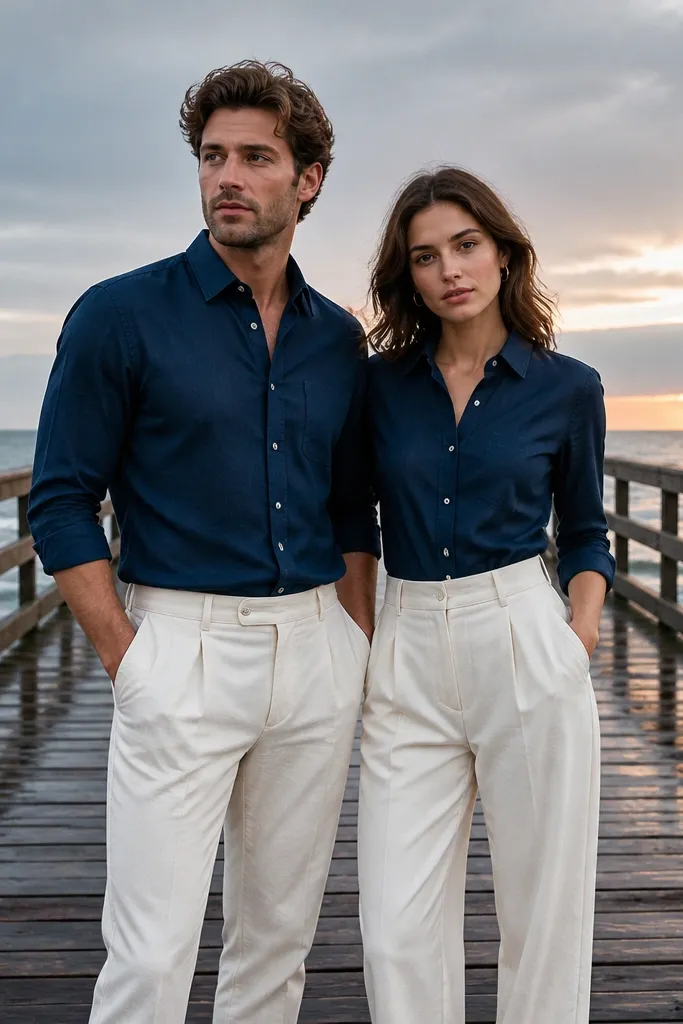 Navy trousers and cream top beside a wooden pier over ocean water