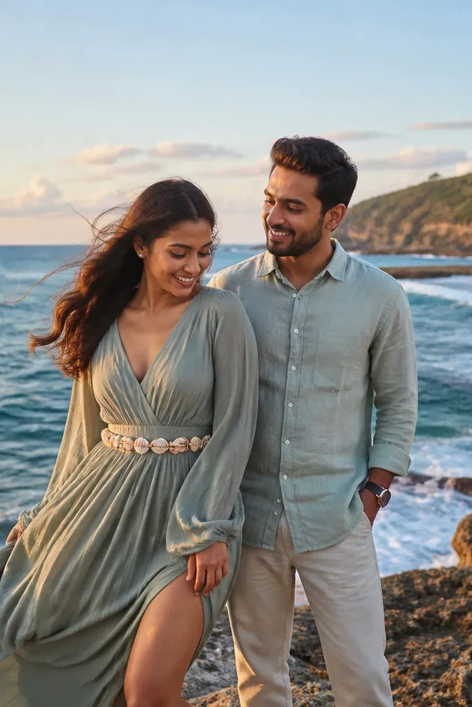 Sage dress with a subtle shell detail belt on a sandy beach
