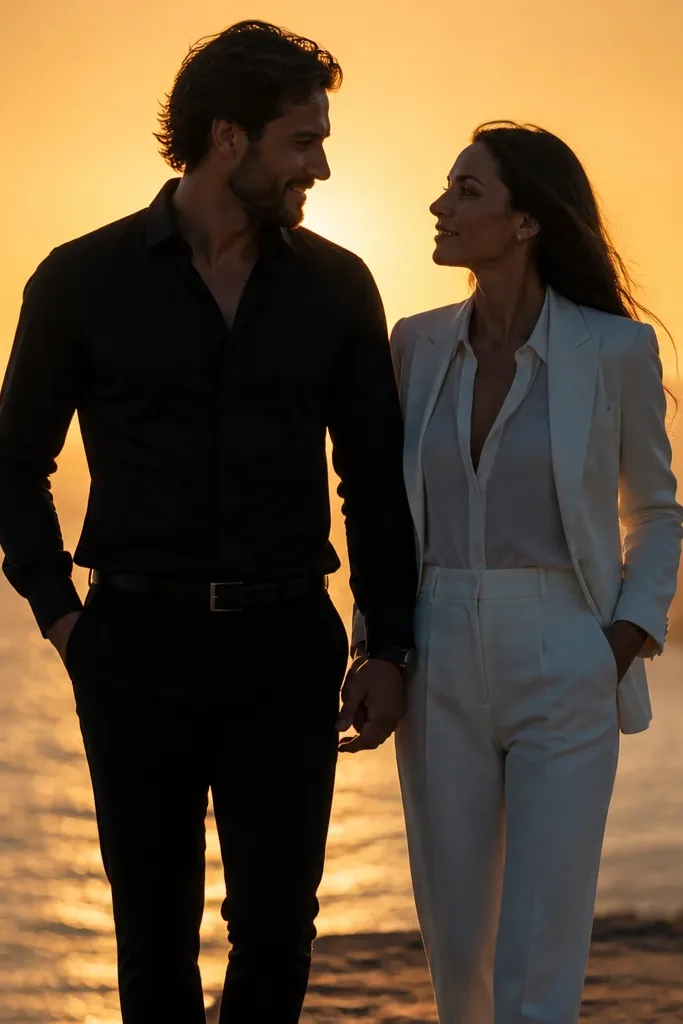 Black dress and white shirt in front of a glowing sunset over the ocean