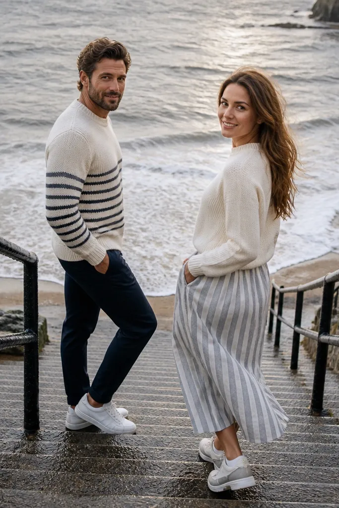 Cream and navy striped shirt and shorts on concrete beach steps