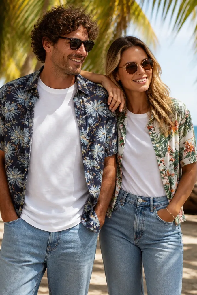 Open tropical shirt over white tee with light denim on a palm-lined beach