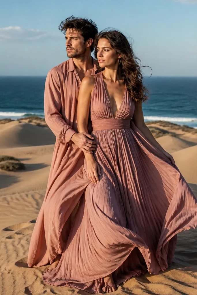 Flowy maxi dress in blush moving across coastal dunes