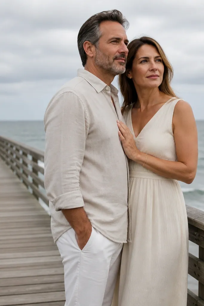 Minimal gold jewelry and a cream dress on an oceanfront boardwalk