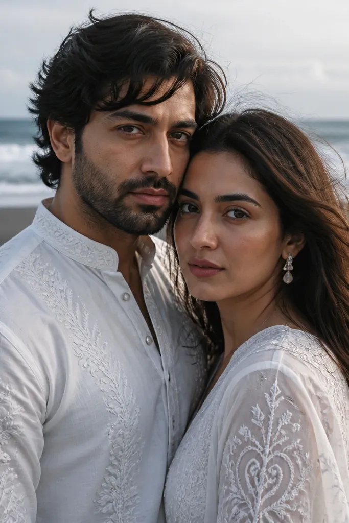 Embroidered white blouse and skirt with subtle hair waves on the shore