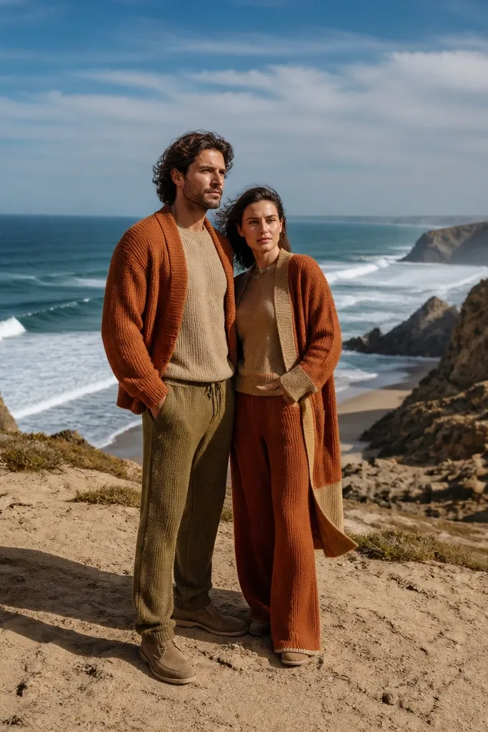 Rust and sand knit outfits on a long headland facing the ocean